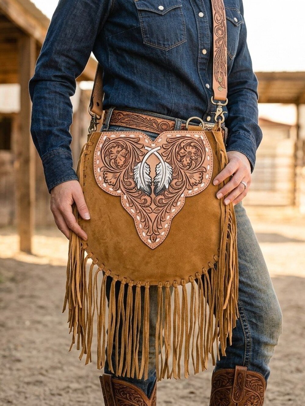Boho Fringe Tooled Crossbody Bag